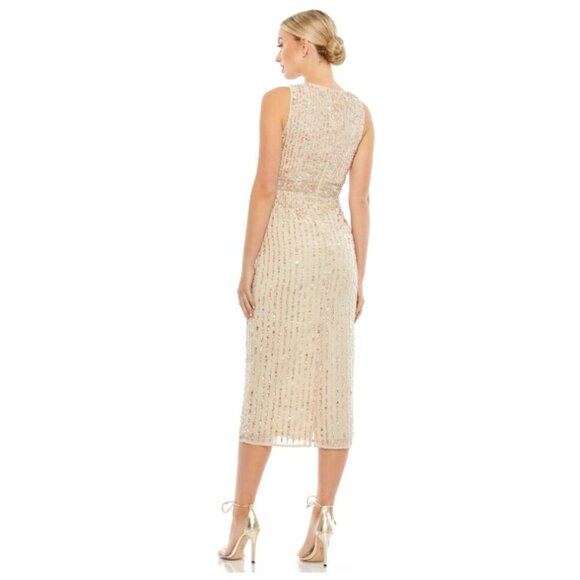 FLAW - NWT Mac Duggal Sequined Sleeveless V-Neck Midi Sheath Dress Nude 4 #9851 - Picture 8 of 14